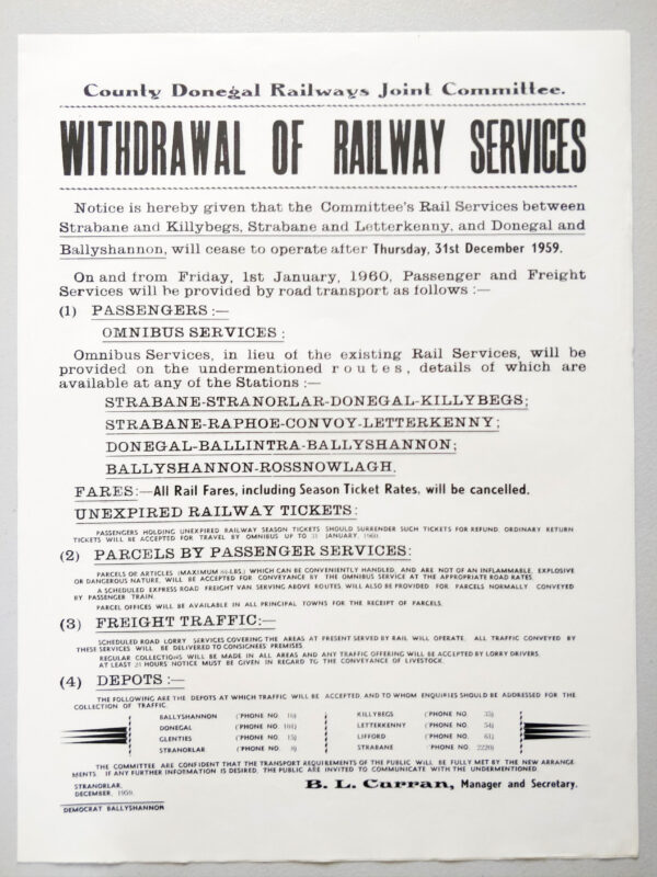 Withdrawal of Railway Services for Donegal Railways